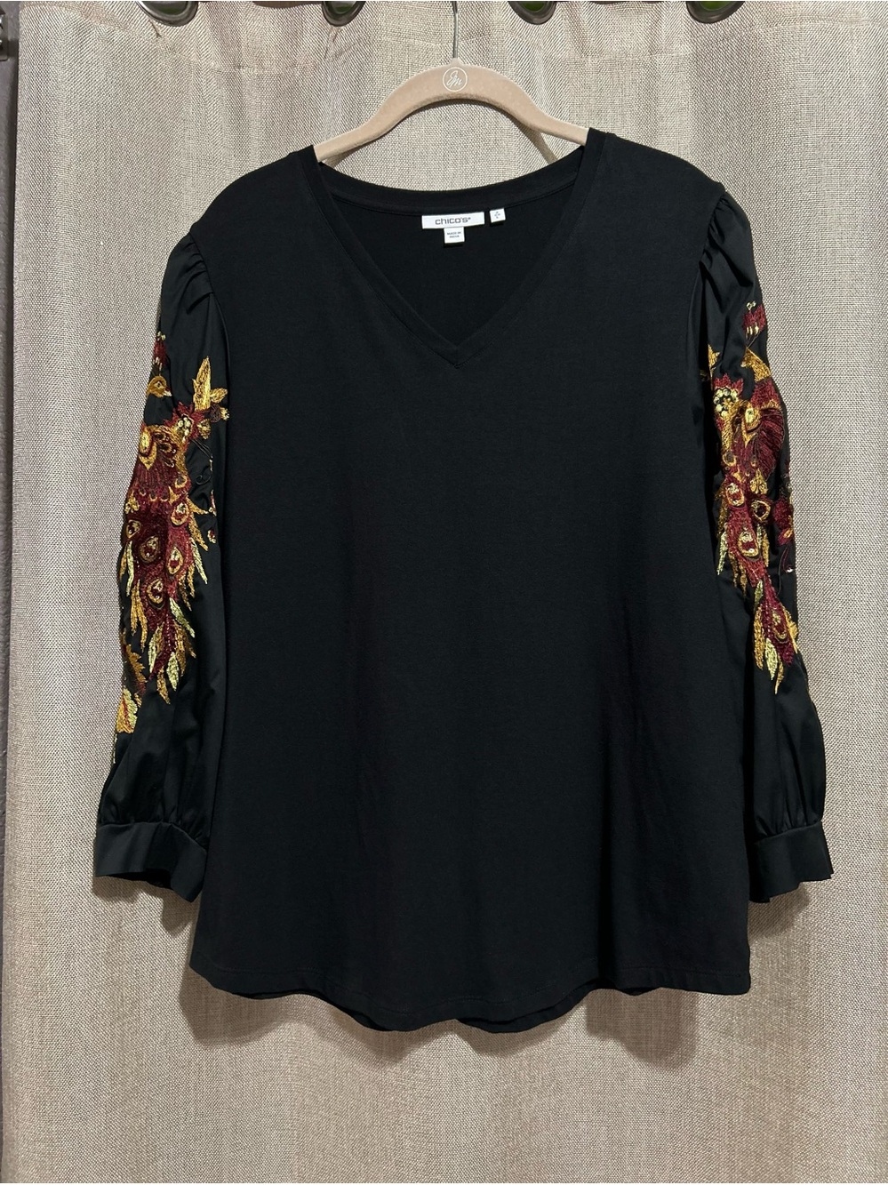 CHICO'S Black V-Neck Top with Embroidered Peacock Sleeves